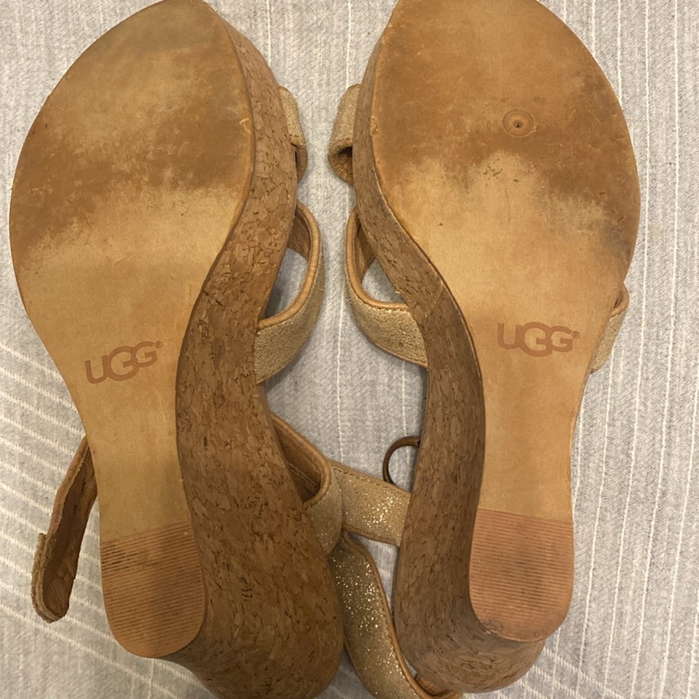 UGG Australia Womens Gold Shimmer Leather Ankle Strap High Wedge Sandal Size 8.5 - Picture 5 of 5